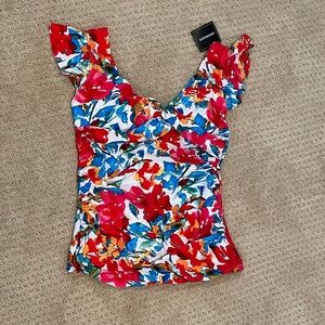 NWT Aidonger Floral Ruffle V-Neck Swim Top size Medium, ruching tummy control
